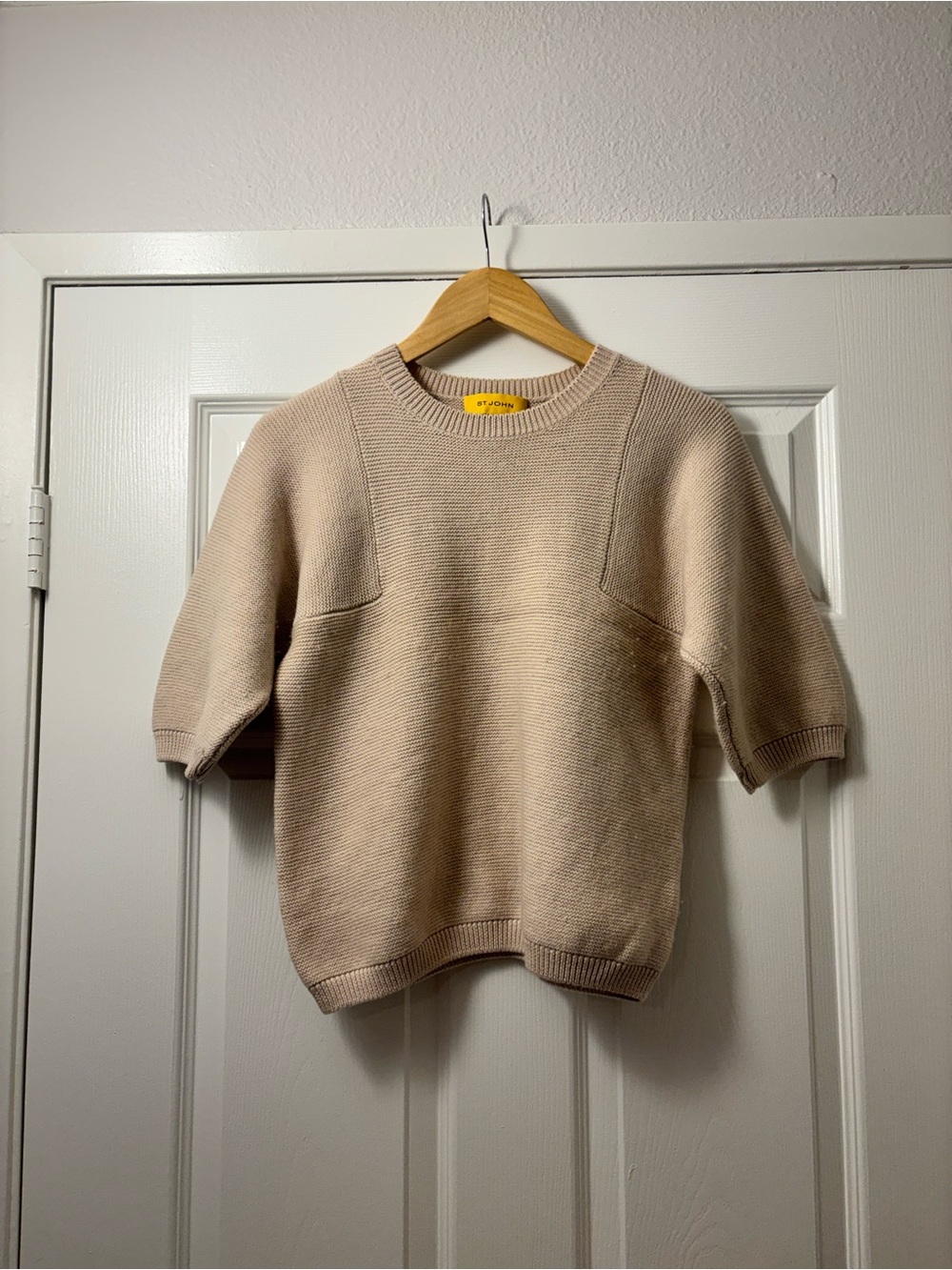 St. John Taupe Crewneck Short-Sleeve Knit Sweater